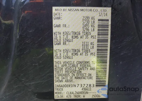 2015 Nissan Frontier Sv from USA, damaged, VIN 1N6AD0ER5FN737283